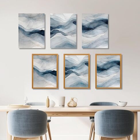 IAFWZX Framed Blue Gray Abstract Wall Art, Modern Minimalist Waves Wall Decor, Neutral Watercolor Line Canvas Paintings, Navy Blue Watercolor Poster Prints for Bedroom Living Room Office 12"x16"x3 in Saudi Arabia