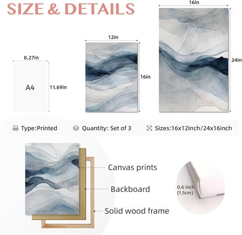 IAFWZX Framed Blue Gray Abstract Wall Art, Modern Minimalist Waves Wall Decor, Neutral Watercolor Line Canvas Paintings, Navy Blue Watercolor Poster Prints for Bedroom Living Room Office 12"x16"x3 in Saudi Arabia