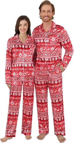 بيجامة عيد الميلاد من الساتان من KOMEIANA للكبار والنساء والرجال بأزرار للأسفل بيجامات للأزواج أطقم متطابقة ملابس نوم ملابس للاستلقاء in Kuwait