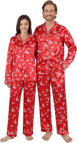 بيجامة عيد الميلاد من الساتان من KOMEIANA للكبار والنساء والرجال بأزرار للأسفل بيجامات للأزواج أطقم متطابقة ملابس نوم ملابس للاستلقاء in Kuwait