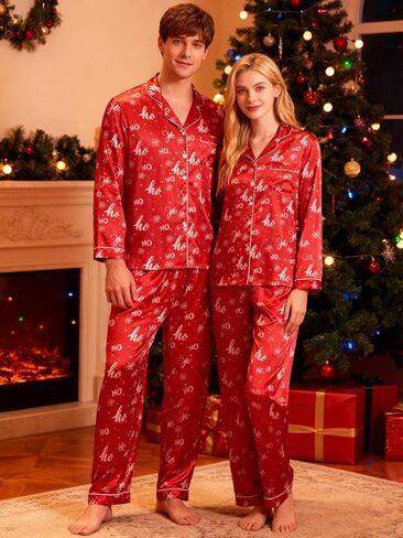 بيجامة عيد الميلاد من الساتان من KOMEIANA للكبار والنساء والرجال بأزرار للأسفل بيجامات للأزواج أطقم متطابقة ملابس نوم ملابس للاستلقاء in Kuwait