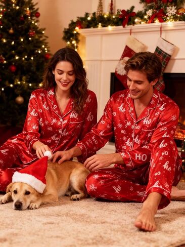 بيجامة عيد الميلاد من الساتان من KOMEIANA للكبار والنساء والرجال بأزرار للأسفل بيجامات للأزواج أطقم متطابقة ملابس نوم ملابس للاستلقاء in Kuwait