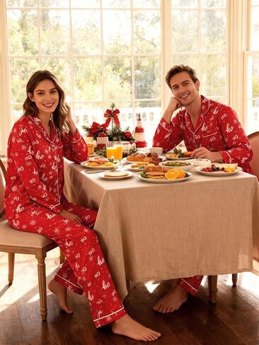 بيجامة عيد الميلاد من الساتان من KOMEIANA للكبار والنساء والرجال بأزرار للأسفل بيجامات للأزواج أطقم متطابقة ملابس نوم ملابس للاستلقاء in Kuwait