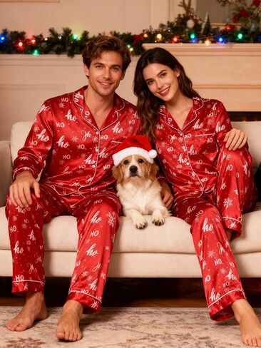 بيجامة عيد الميلاد من الساتان من KOMEIANA للكبار والنساء والرجال بأزرار للأسفل بيجامات للأزواج أطقم متطابقة ملابس نوم ملابس للاستلقاء in Kuwait