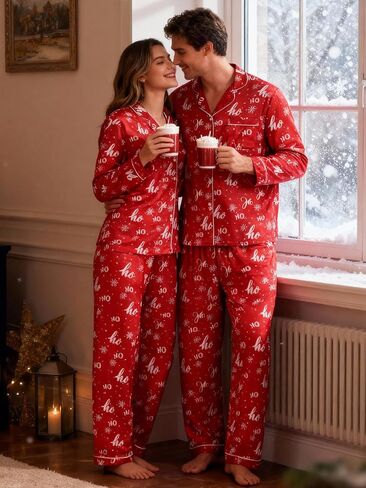 بيجامة عيد الميلاد من الساتان من KOMEIANA للكبار والنساء والرجال بأزرار للأسفل بيجامات للأزواج أطقم متطابقة ملابس نوم ملابس للاستلقاء in Kuwait