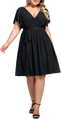 Ever-Pretty Women's Chiffon V Neck Short Sleeves Tie Waist Pleated Knee Length Plus Size Cocktail Wedding Guest Dresses in Saudi Arabia