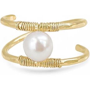 Custom Fit Double Banded Trendy Gold Ring. Choose Genuine Freshwater Pearl or Turquoise Bead. Wire Wrapped 14kt Yellow Gold Filled Real Gemstone Ring. Two Layer Custom Made Personalized Artisan Ring. in Saudi Arabia