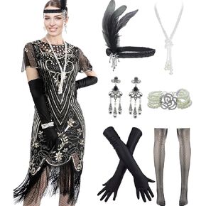 فستان حفلات غاتسبي مطرز بالترتر العتيق من عشرينيات القرن العشرين مع مجموعة إكسسوارات 20 ثانية in Kuwait