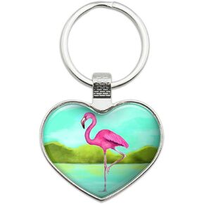 Pink Flamingo in Water Keychain Heart Love Metal Key Chain Ring in Kuwait