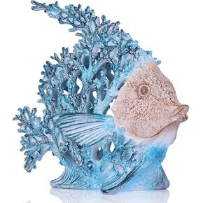 Beach Coastal Decor Turquoise Coral Reef Angelfish Figurines, Modern Nautical Decor Ocean Centerpieces for Living Room, Bathroom, Office, Coffee Table, Beach House, Seaside, Entrance, Shelf Decorative in Saudi Arabia