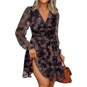 LILLUSORY Womens Long Sleeve Wedding Guest Dresses Winter 2026 Casual Fall Fashion V Neck Mini Chiffon Dress Flowy Clothes in Saudi Arabia