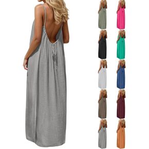 Womens Solid Color Backless Cami Dress Flowy Low Back House Dress Lounge Plus Size Maxi Dresses Summer Linen Sundress in Saudi Arabia