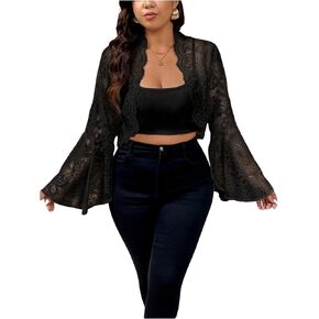 WDIRARA Women's Plus Size Lace Open Front Cropped Jacket Mesh Long Bell Sleeve Lightweight Outerwear in Kuwait