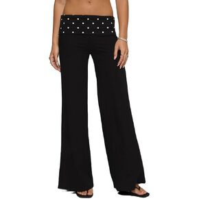 Sunloudy Fold Over Pants for Women Low Rise Straight Lounge Yoga Pants Stretchy Flare Leggings Y2K Foldover Bell Bottoms in Saudi Arabia