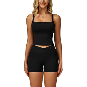 ABOCIW Workout Sets for Women 2 Piece Square Neck Tank Top Crossover Biker Shorts with Pockets Yoga Gym Outfits in Saudi Arabia