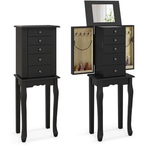 خزانة مجوهرات NAFORT قائمة مع مرآة علوية قابلة للطي، خزانة مجوهرات ذات سعة تخزين كبيرة، منظم من الخشب الصلب مع 5 أدراج وبابين جانبيين للقلادة، أسود in Kuwait