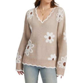 V Neck Floral Sweaters for Women, Oversized Long Sleeve Flower Sweater Fall Winter Fuzzy Pullover in Saudi Arabia