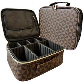 WANNES Brown Checkered Makeup Bag Organizer Travel Cosmetic Case with Brush Storage | Large Capacity Makeup & Skin Care Organizer with Adjustable Dividers | Stylish PU Leather Designer Vanity Bag in Saudi Arabia