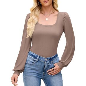 Womens Puff Long Sleeve Tops Square Neck Ribbed Knit Slim Fit Blouse Basic Tee Tops Elegant T Shirts in Kuwait