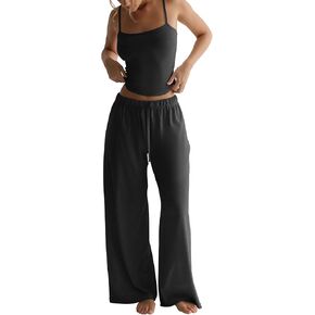 TDCoool Women's 2 Piece Pajama Lounge Set Summer Matching Lounge Sets Spaghetti Strap Tank Top Comfy Wide Leg Pants Sets in Saudi Arabia