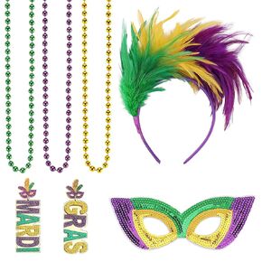 srotmirw 7 قطع ماردي غرا زي ملحق الزي مجموعة، ماردي غرا ريشة عقال غطاء الرأس الترتر قطع زينة الخرز القلائد الملحقات للنساء كرنفال عيد الهالوين صالح الطرف in Kuwait