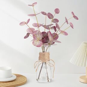 WOHSEROM Artificial Eucalyptus Stems in Glass Vase with Faux Water, 15" Small Bathroom Greenery with Double-Sided Red Leaves, Farmhouse Office Decor, Realistic Fake Plant Wedding Centerpiece in Saudi Arabia