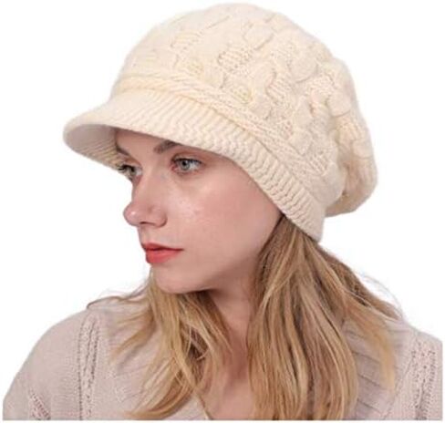 Blufly Winter Hats Cable Knitted Beanie Hat with Visor Beret Ribbed Ski Beanie Cap Slouchy Skull Hat Cap Headwear for Women and Girls (White) in Saudi Arabia