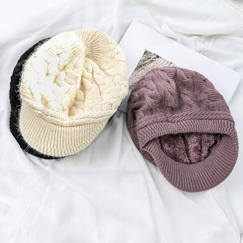 Blufly Winter Hats Cable Knitted Beanie Hat with Visor Beret Ribbed Ski Beanie Cap Slouchy Skull Hat Cap Headwear for Women and Girls (White) in Saudi Arabia