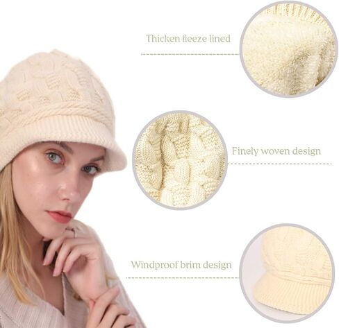 Blufly Winter Hats Cable Knitted Beanie Hat with Visor Beret Ribbed Ski Beanie Cap Slouchy Skull Hat Cap Headwear for Women and Girls (White) in Saudi Arabia