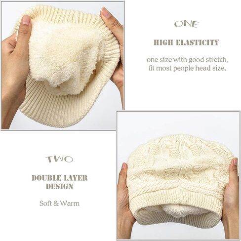 Blufly Winter Hats Cable Knitted Beanie Hat with Visor Beret Ribbed Ski Beanie Cap Slouchy Skull Hat Cap Headwear for Women and Girls (White) in Saudi Arabia