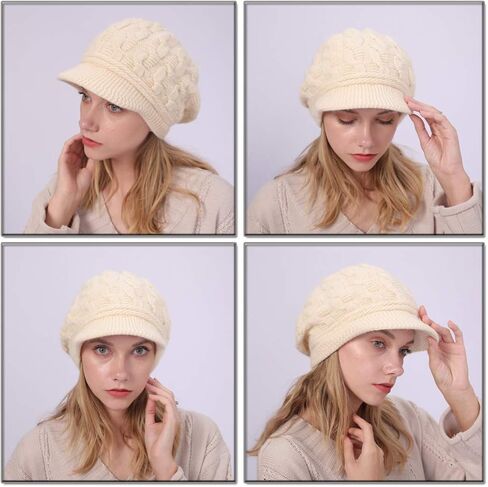 Blufly Winter Hats Cable Knitted Beanie Hat with Visor Beret Ribbed Ski Beanie Cap Slouchy Skull Hat Cap Headwear for Women and Girls (White) in Saudi Arabia