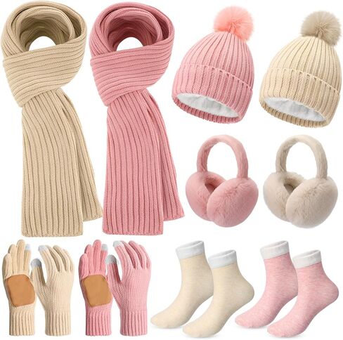 Cutecrop 10 Pcs Women Beanie Hats Winter Scarf Gloves Ear Muffs Fuzzy Socks Sets Warm Hat Scarf Glove Sets Winter Gifts(Beige and Pink) in Saudi Arabia