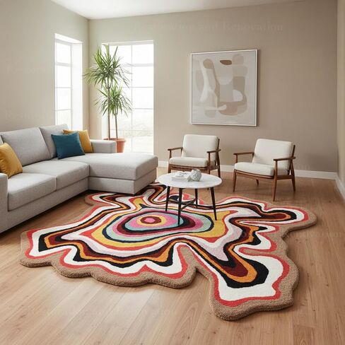 Restoration and Renovation Irregular Shaped Handmade Wool Rug | Modern Colourful Stripe Premium Area Rug Perfect for Home Decor (Multi B, 5x5 ft) in Saudi Arabia