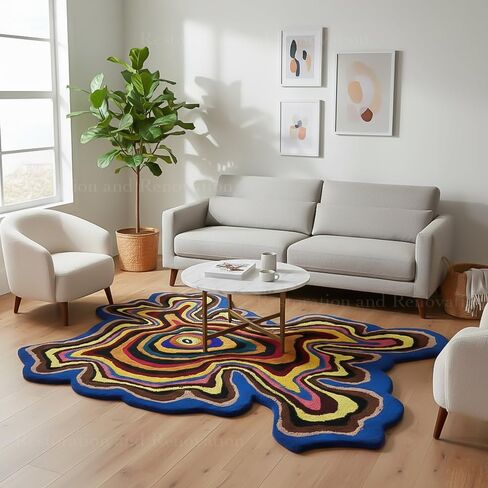 Restoration and Renovation Irregular Shaped Handmade Wool Rug | Modern Colourful Stripe Premium Area Rug Perfect for Home Decor (Multi B, 5x5 ft) in Saudi Arabia