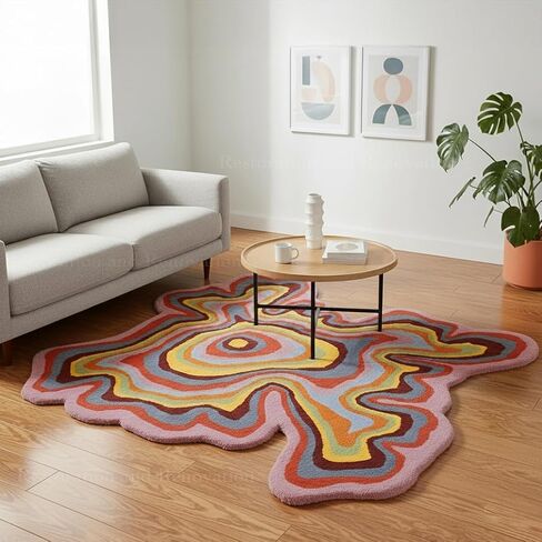 Restoration and Renovation Irregular Shaped Handmade Wool Rug | Modern Colourful Stripe Premium Area Rug Perfect for Home Decor (Multi B, 5x5 ft) in Saudi Arabia