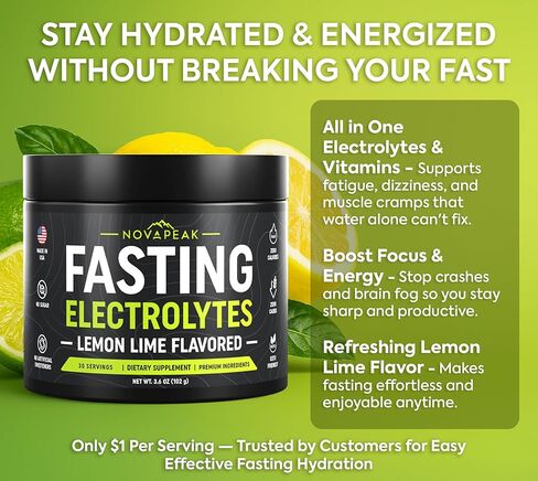 NovaPeak Fasting Electrolytes - Fast Hydration & Fasting Salts - Electrolytes for Fasting - Fasting Supplement - 30 Servings, Lemon Lime in Saudi Arabia