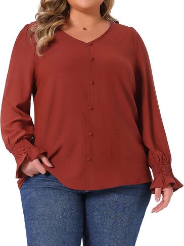 Agnes Orinda Women's Plus Size Tops V Neck Smocked Long Sleeve Button Decor Front Casual Chiffon Blouse Top in Saudi Arabia