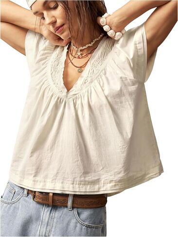 SOLY HUX Women's V Neck Short Sleeve Blouse Summer Boho Loose Shirts Crop Tops Aesthetic Clothes in Saudi Arabia