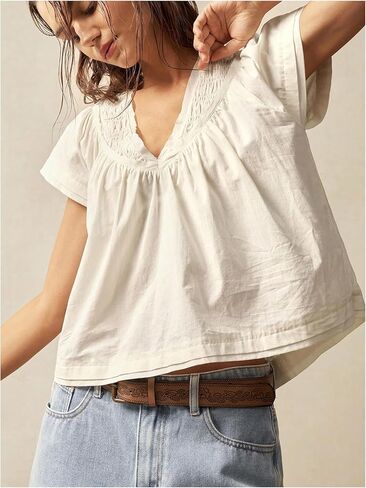 SOLY HUX Women's V Neck Short Sleeve Blouse Summer Boho Loose Shirts Crop Tops Aesthetic Clothes in Saudi Arabia