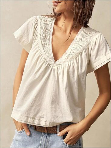 SOLY HUX Women's V Neck Short Sleeve Blouse Summer Boho Loose Shirts Crop Tops Aesthetic Clothes in Saudi Arabia