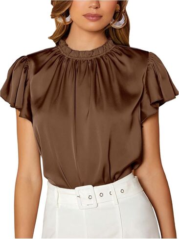 Milumia Women's Satin Ruffle Short Sleeve Blouse Frilled Mock Neck Pleated Dressy Work Shirt Tops in Saudi Arabia