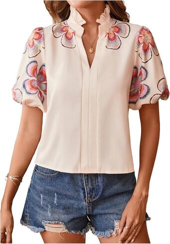 SweatyRocks Women's Floral Print Blouse Top Puff Sleeve V Neck Stand Collar Shirt in Saudi Arabia