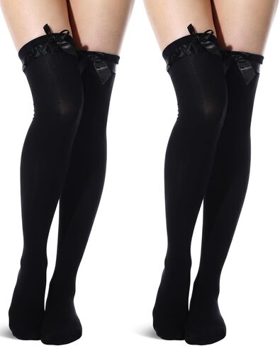 Syhood 2 Pairs Women's Satin Ruffle over Knee High Socks Valentine's Day Thigh High Stockings with Satin Ruffle(Black) in Saudi Arabia