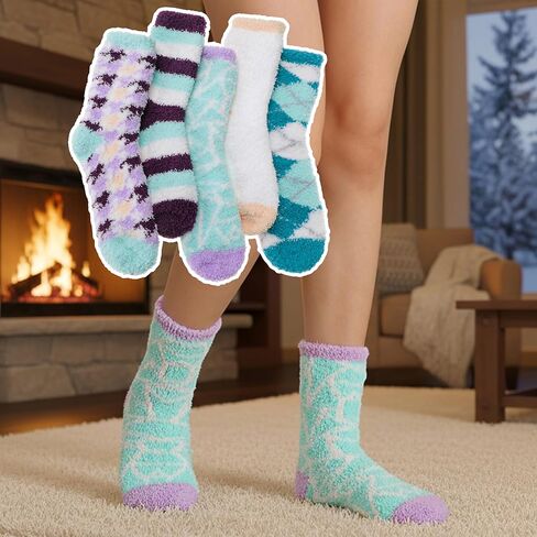 5 Pairs Fuzzy Socks for Women Warm Fluffy Winter Thick Cozy Crew Gift Socks(Diamond) in Saudi Arabia