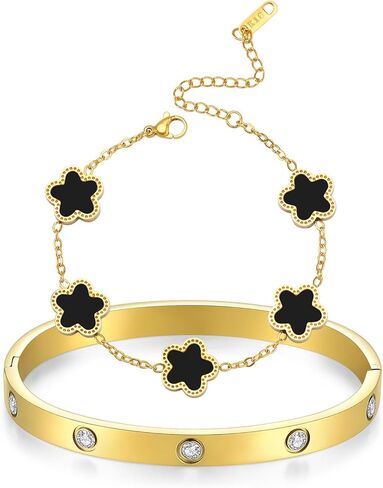 Feasnow 18K Gold Plated Clover Bracelet Love Bangle Set for Women Black and White Stack Bangle Clover Bracelet Fashion Simple Lucky Bracelets for Women Trendy Gifts in Saudi Arabia