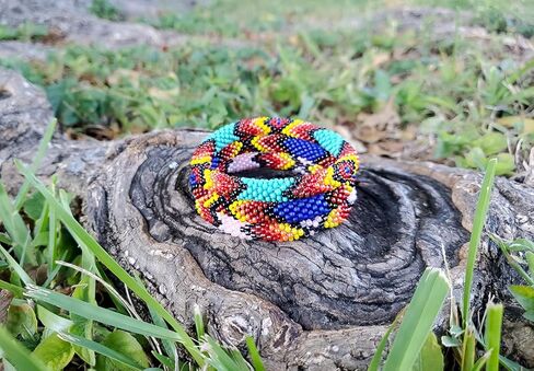 Mia Jewel Shop Native American Inspired Tribal Fire Diamond Pattern Guatemalan Czech Glass Seed Beaded One Size Fits All Bangle Bracelet - Womens Fashion Handmade Jewelry Boho Accessories in Saudi Arabia