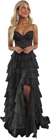 Sieisu Ruffle Tiered Prom Dress for Women Chiffon Layered Lace Corset Evening Party Gowns with Slit in Saudi Arabia