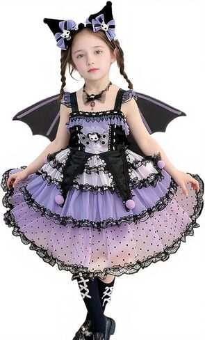 Girls Princess Gothic Lolita Dress Purple and Black Lace Skirt with Wings and Headband Halloween Outfit in Saudi Arabia