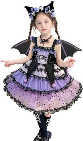 Girls Princess Gothic Lolita Dress Purple and Black Lace Skirt with Wings and Headband Halloween Outfit in Saudi Arabia