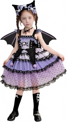 Girls Princess Gothic Lolita Dress Purple and Black Lace Skirt with Wings and Headband Halloween Outfit in Saudi Arabia